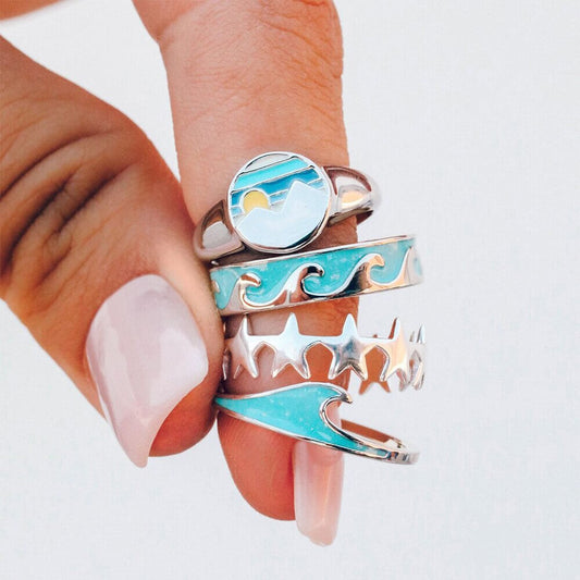 Ocean Blue Waves Ring Set